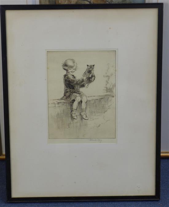 Eileen A.Soper (1905-1990) Girl with a cat Felix seated upon a wall, 8.75 x 6.75in.